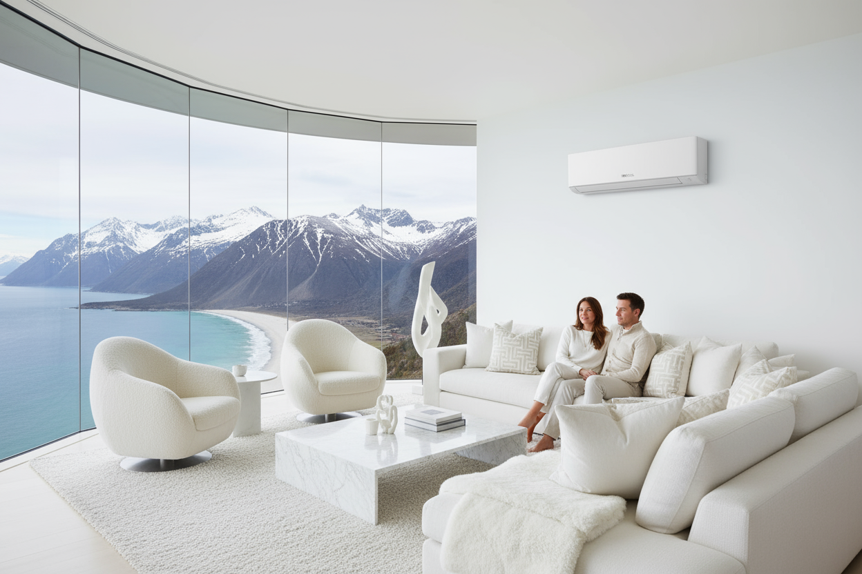 A luxury white very modern living room with white fur and cushions, and American couple sitting on sofa on the right side under a moder MrCool airhandler,  overlooking the mountain and see views 